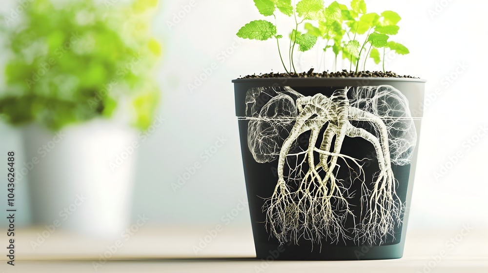 Aufkleber an x ray view of a plant pot showcasing the intricate intertwining of roots within the soil revealin
