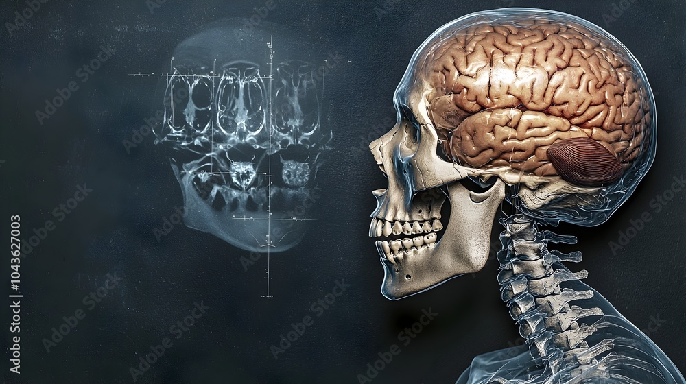 Aufkleber Captivating image blending an X ray view of a human skull with a detailed 3D model offering a unique perspective on the intricate skeletal structure and anatomy