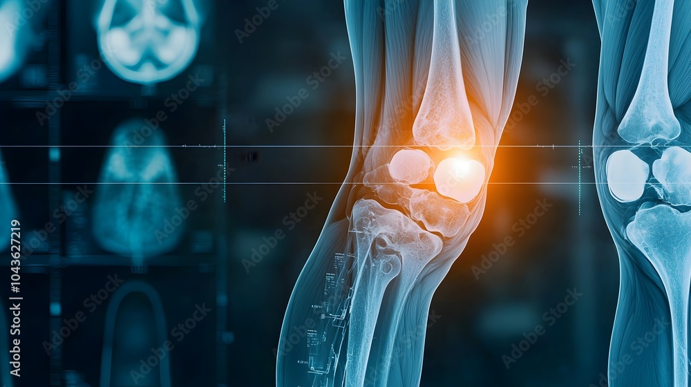 Poster close up digital of a human knee joint with superimposed x ray imagery showcasing the skeletal struc