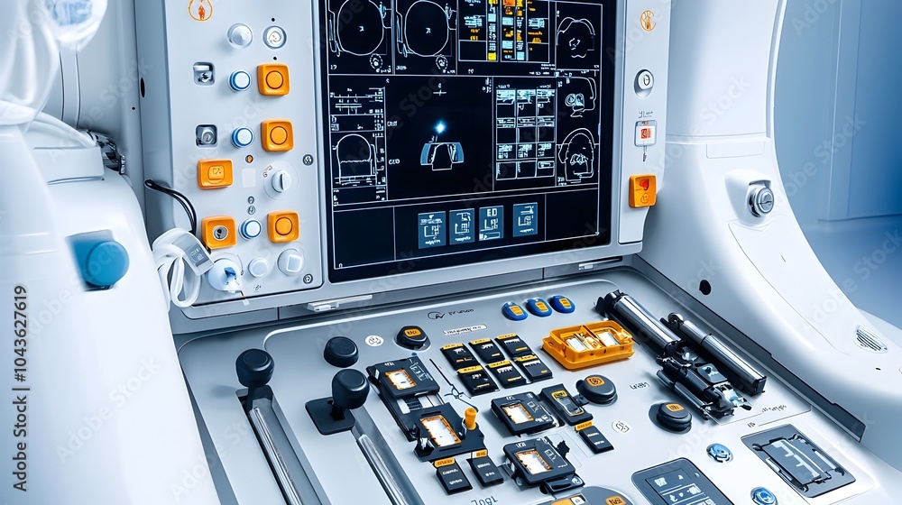 Poster Close up of the control panel of a mobile X ray imaging unit featuring various keys buttons and digital displays for operating the medical equipment in healthcare settings such as hospitals clinics
