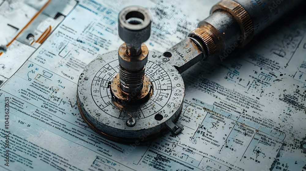 Aufkleber Close up shot of a metallic X ray key or tool placed on top of a technical manual showcasing the intricate mechanical design and engineering behind the instrument