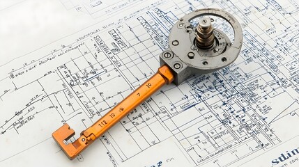 Close up shot of a metallic mechanical X ray key component resting atop an industrial manual or technical guide  The image showcases the intricate details and patterns of this industrial equipment