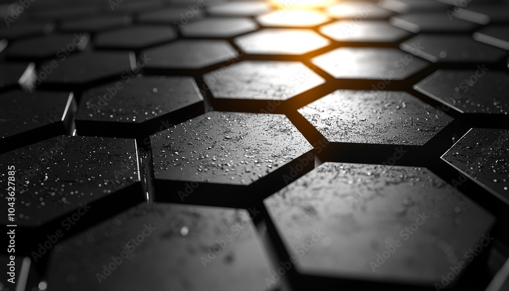 Poster shiny metallic hexagon pattern on wet dark backdrop generated by ai