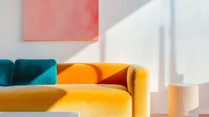 Bright modern interior design with orange sofa and teal pillows in sunlight, featuring abstract pink wall art