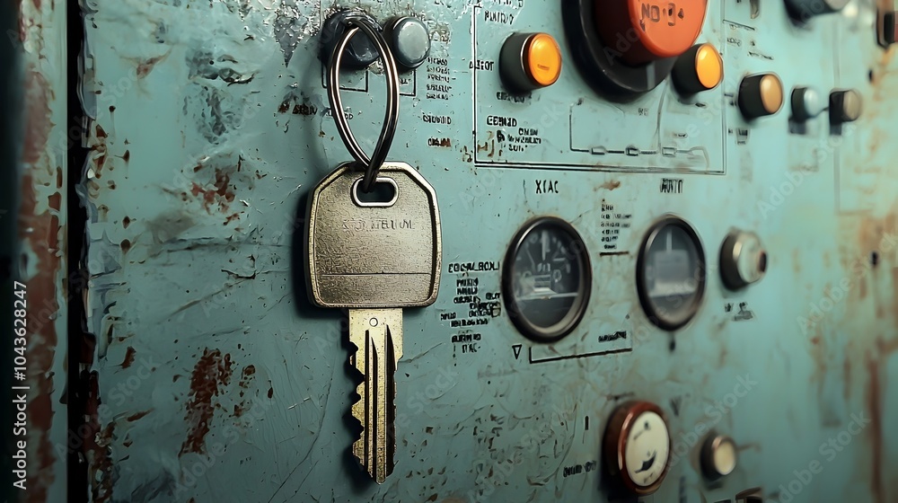 Poster close up view of a metal x ray room key hanging on a control board or panel next to safety guideline