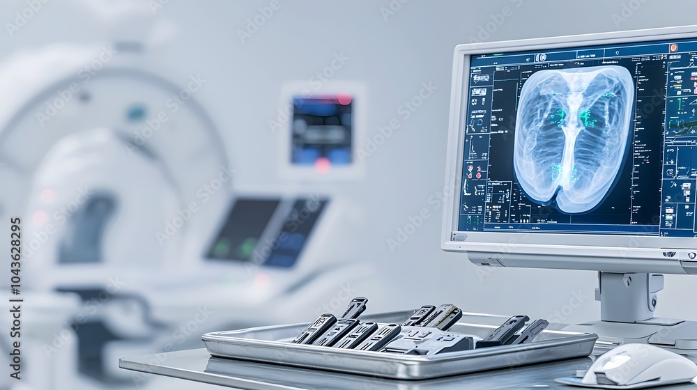 Aufkleber Close up view of a set of digital x ray keys placed on a metal tray positioned next to an operator control console in a modern medical workplace or diagnostic imaging studio