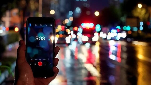 In the heart of the city, a man urgently contacts emergency services for assistance. Bright lights and sirens create a tense atmosphere as help is summoned in the night.
