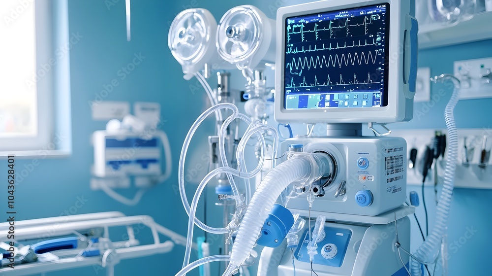 Poster close up view of a suction machine connected to medical tubing with emergency tools and equipment pl