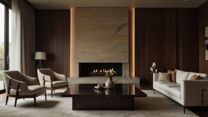 A modern living room with a fireplace, a large couch, two armchairs, a coffee table, and a vase of flowers.