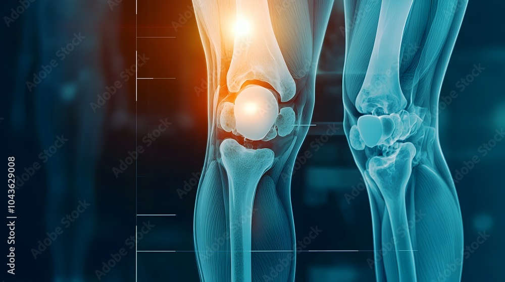 Poster Closeup view of a human knee joint superimposed with an X ray image showcasing the intricate bone and skeletal structure of the knee  This medical can be used for healthcare anatomy