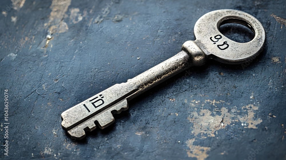 Poster Closeup View of an X Ray Control Key Engraved with a Unique ID Number for Secure Access and Authentication in Medical Industrial or Digital Security Applications