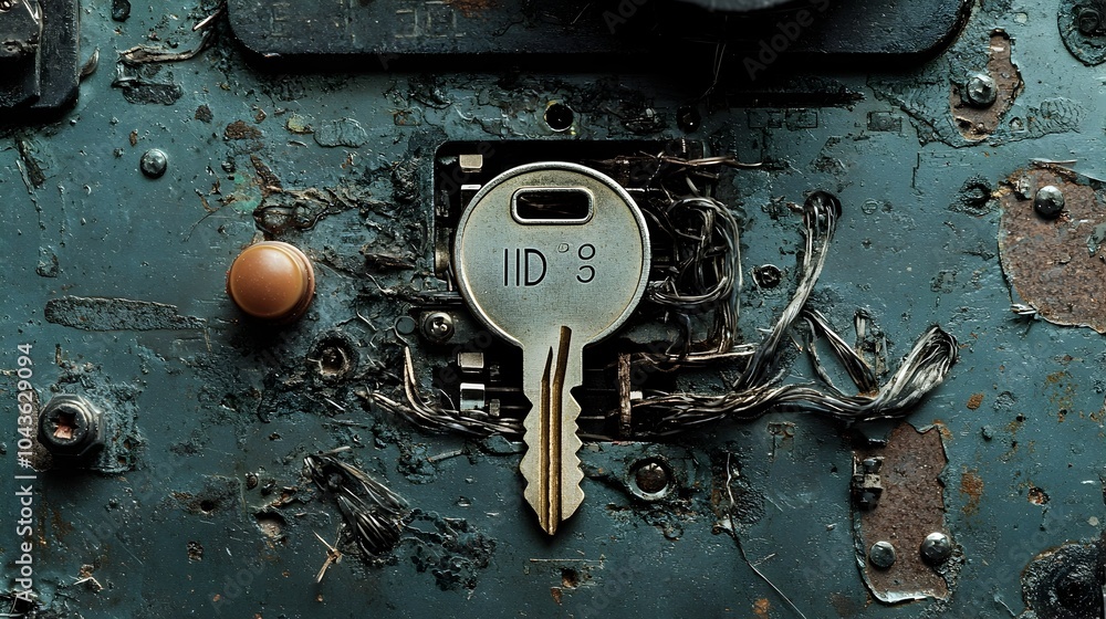 Poster closeup view of an x ray equipment control key engraved with a unique identification number for secu