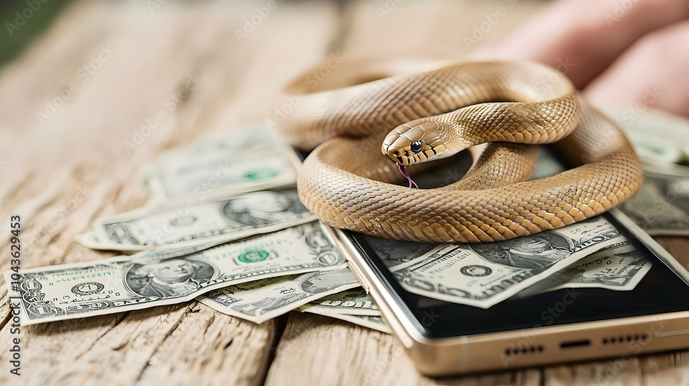 Poster Conceptual image of a smartphone with a snake slithering out of the speaker wrapping around dollar bills symbolizing the intersection of technology finance
