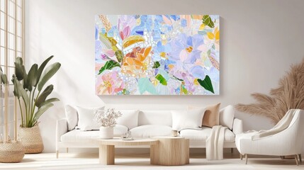 Bright modern living room interior with large floral art piece and natural lighting