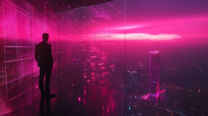 Naklejka premium Lone Figure Gazing at Neon Pink Cityscape