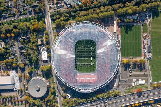 Leverkusen, North Rhine-Westphalia, Germany - October, 2022: Aerial autumn view directly above the BayArena, home stadium of Bundesliga football club Bayer 04