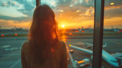 Young woman is watching the sunset over the airport tarmac through a large window