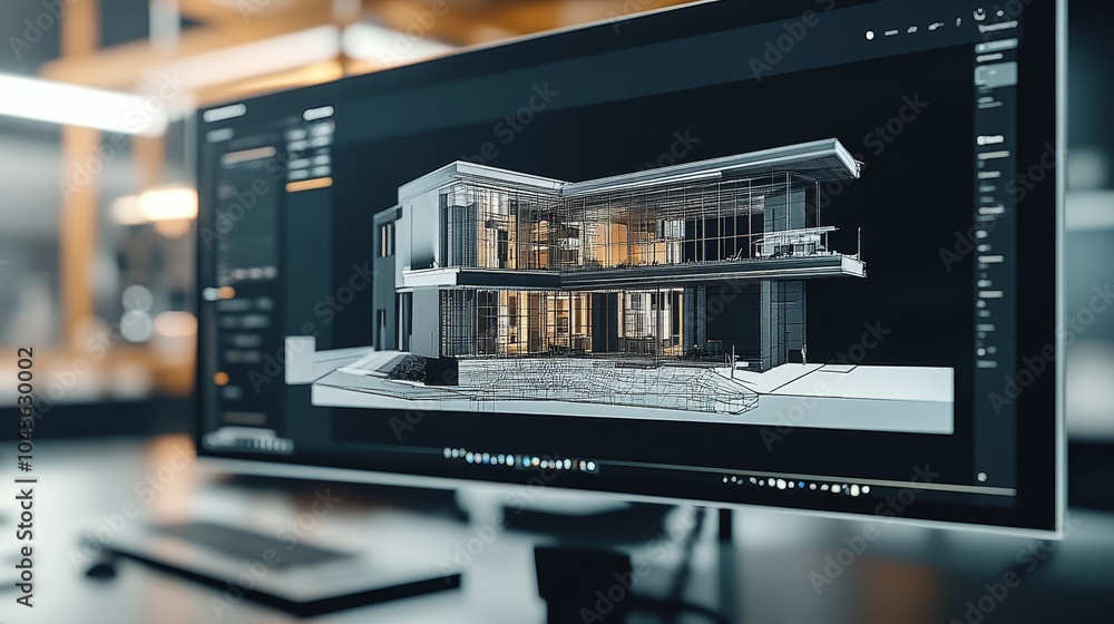 Poster modern home design visualization on computer screen