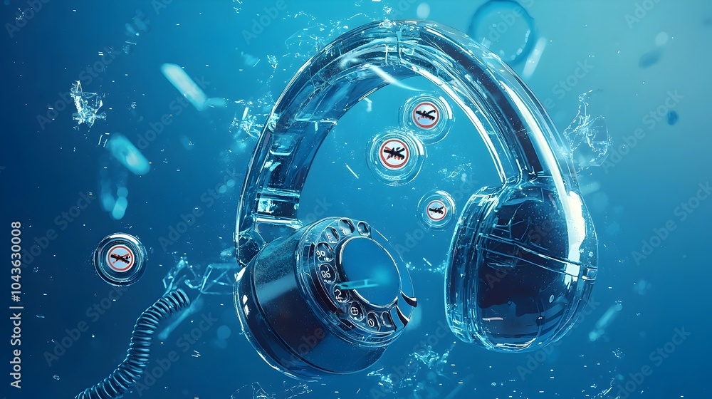 Aufkleber Crystal clear phone receiver with a transparent design featuring various warning symbols and icons floating inside it conveying a concept of communication technology and digital security