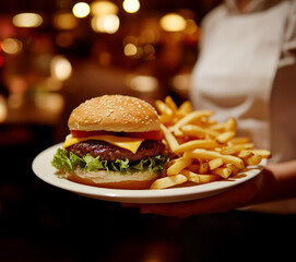 Cheeseburger and French fries being served on a plate at a restaurant 