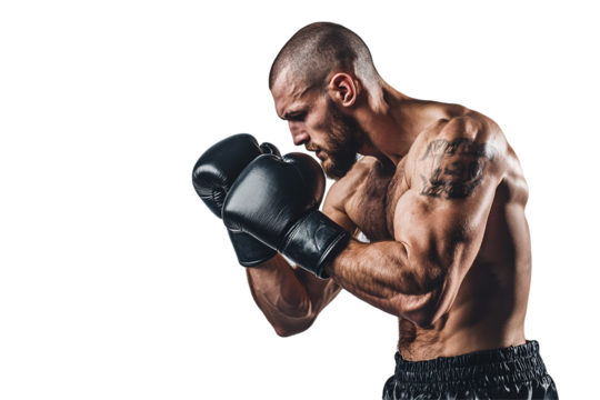 A man in a boxing ring with his hands in the air. on transparent background. - Powered by Adobe