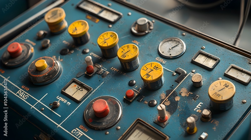 Poster detailed close up view of an x ray control panel showing labeled buttons dials and other medical dia