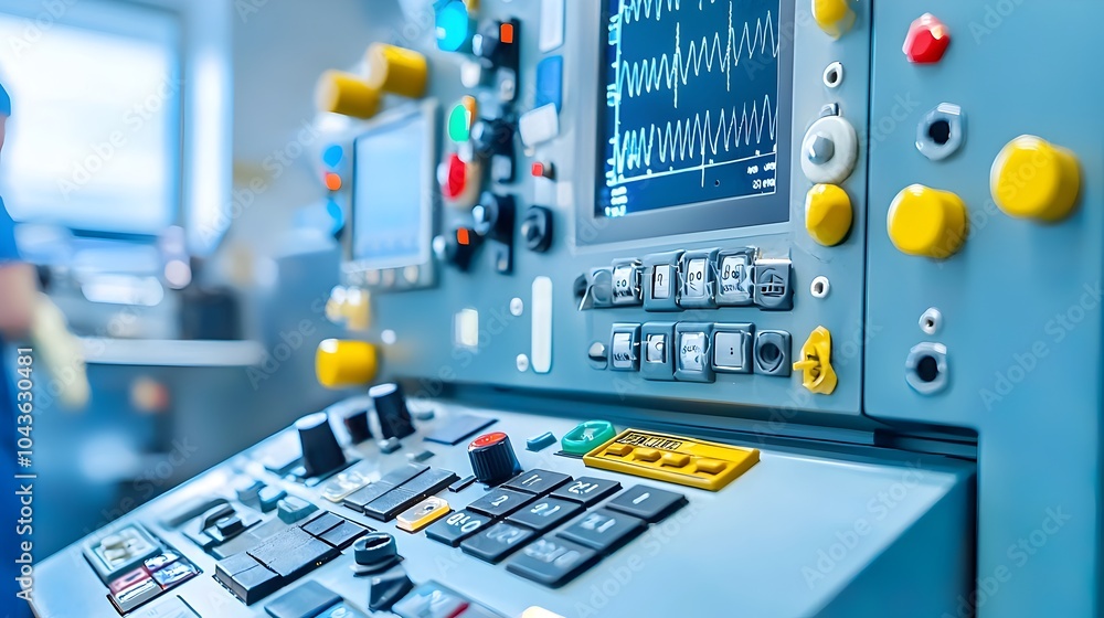 Poster detailed control board for a mobile x ray medical device with various keys buttons and digital inter