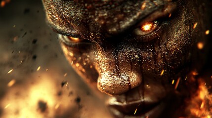 A close-up of a demonic face with glowing yellow eyes, covered in blood and ash, set against a fiery background.