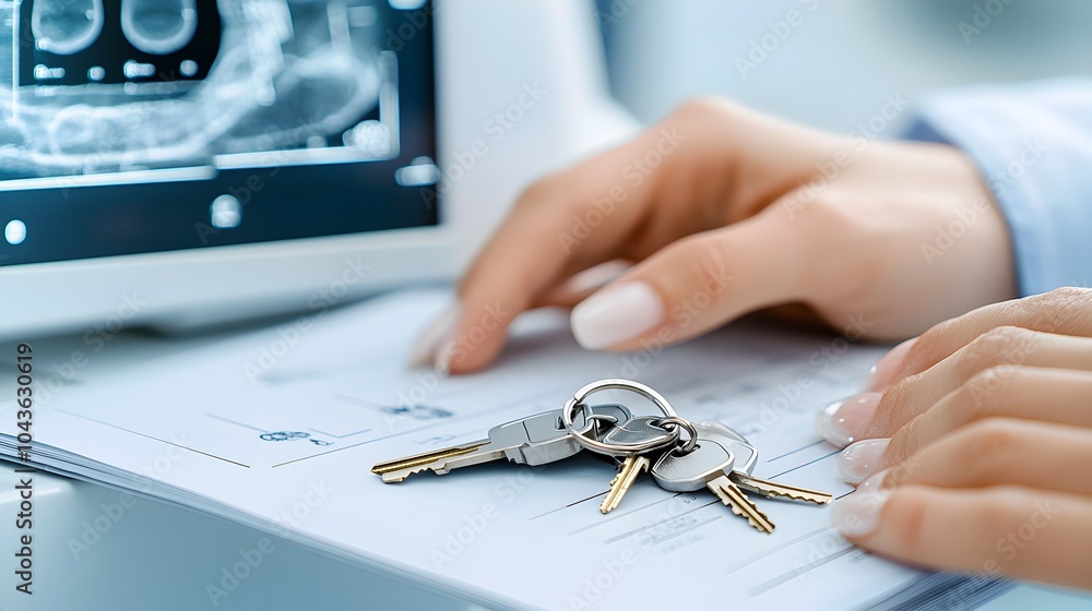 Poster detailed instruction manual for an x ray medical equipment with keys resting on top of the device te