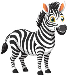 A cute and friendly cartoon zebra with black and white stripes, perfect for children's books, educational materials, or any project that needs a touch of African charm.