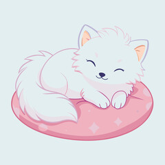 Adorable illustration of a fluffy white kitten sleeping soundly on a pink pillow. This cute and cuddly design is perfect for creating children's products, greeting cards.