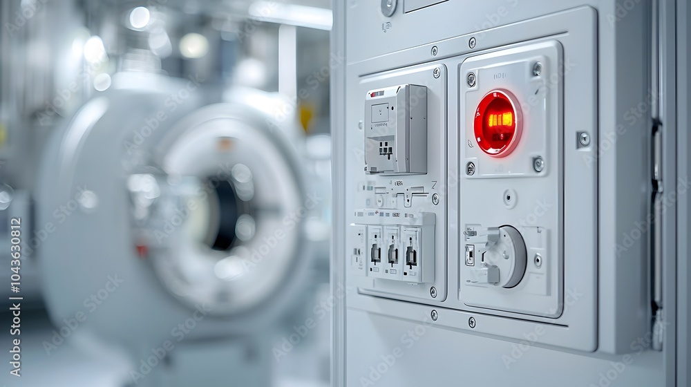 Leinwandbilder Detailed view of a key controlled power panel featuring a red emergency indicator light in the setting of an X ray room within a healthcare facility or medical clinic