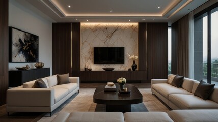 Fototapeta premium Modern living room with two white sofas, a coffee table, a flat screen TV, and a large window with a view of the city.