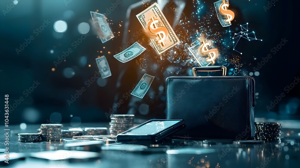 Poster Digital dollar symbols flying from a mobile phone into a shady briefcase in the background symbolizing online fraud financial scams and cybercrime