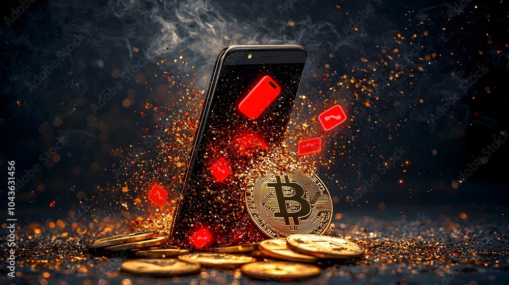 Poster digital fraud metaphor gold coins dissolving into red smartphone scam call notifications representin