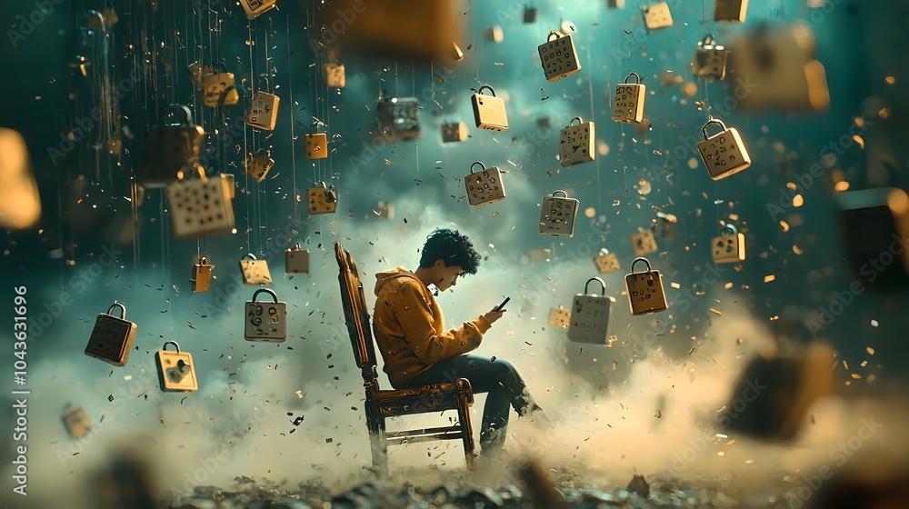 Poster Digital security concept depicting broken locks floating in a cloud of scam messages originating from a mobile phone app symbolizing the risk of cybercrime and fraud in the digital age