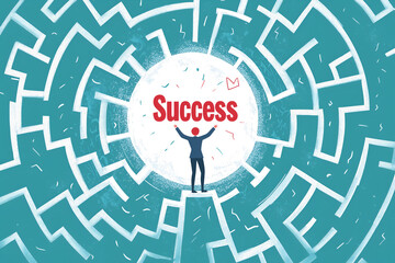 The graphic shows a businessman walking through a maze until he reaches the message "Success".	
