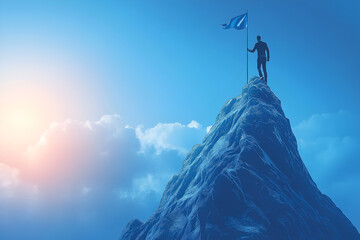 A business analogy when an entrepreneur tries to climb a cold high peak with the flag of success on top.