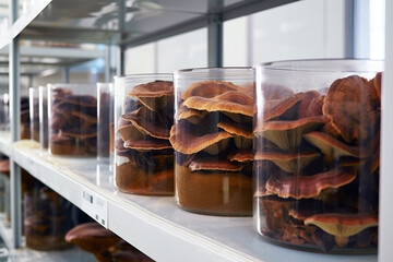 Shelves lined with transparent glass containers holding Reishi mushrooms (Ganoderma lucidum) cultivated in laboratory, raw materials for supplements in Traditional Chinese Medicine