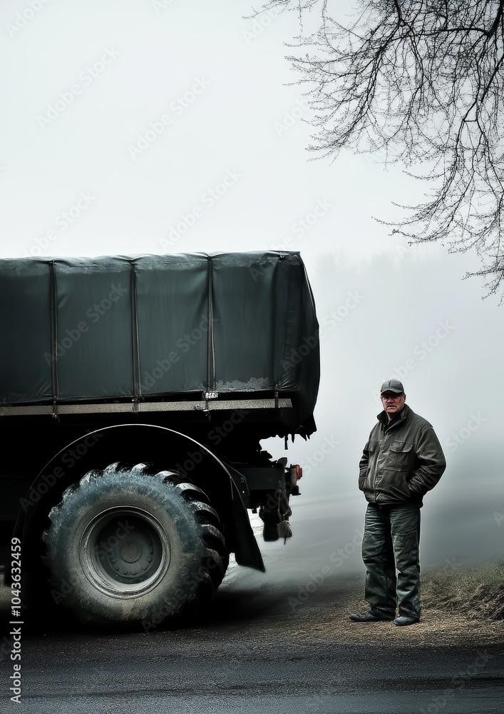 Wall mural a man stands beside a large truck in a foggy environment, creating a mysterious mood.