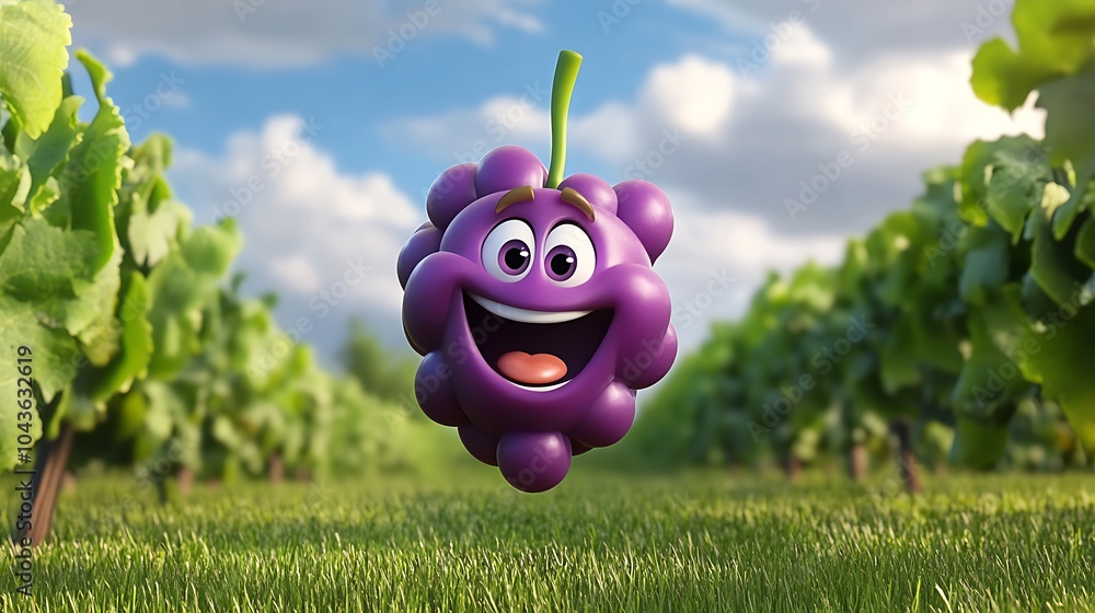 Poster happy 3d grape character in a vineyard setting