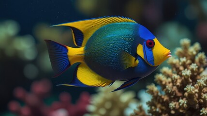 A vibrant blue and yellow angelfish swims near a coral reef.