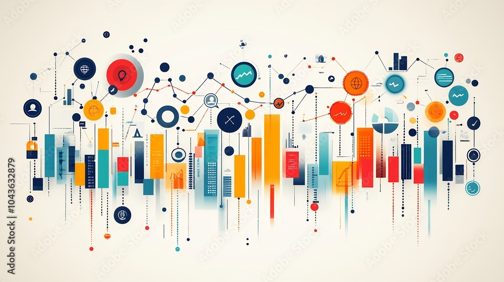 Poster stylized graph upward lines and abstract business icons representing evolving kpis and strategic pro