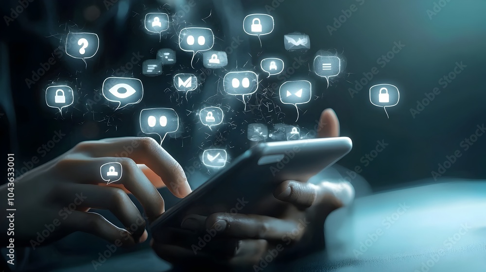 Aufkleber Ethereal transparent ghost like messages floating in a digital technological landscape asking for private and sensitive information  Conceptual about cybersecurity