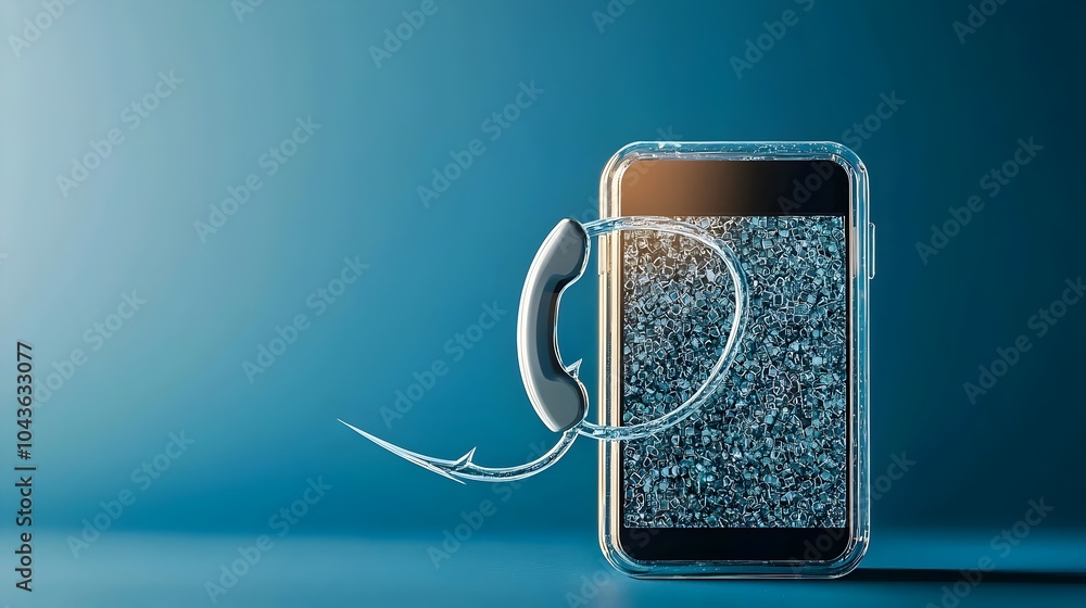 Poster fishhook piercing digital phone icon symbolizing the danger and vulnerability of online phishing sca
