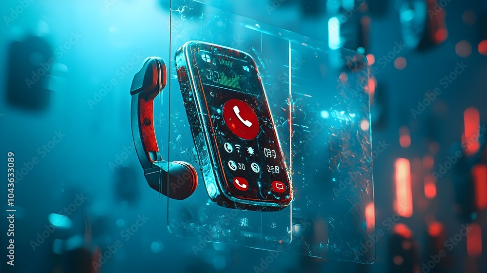 Poster floating digital caller id notification against a subtle warning sign background on a transparent gl