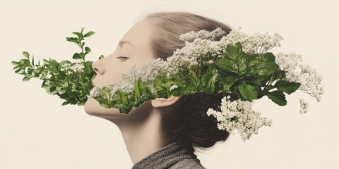 Surreal portrait of a woman with eyes closed, face surrounded by blooming flowers, peaceful and...