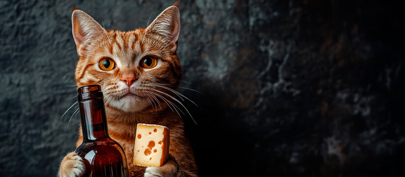 Sad, sullen cat with bottle of wine and piece of cheese, guilty pleasure concept