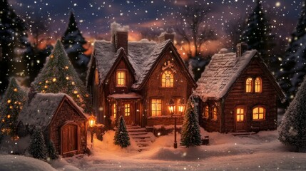 Snow-covered village houses with glowing windows at dusk, surrounded by pine trees and falling snowflakes
