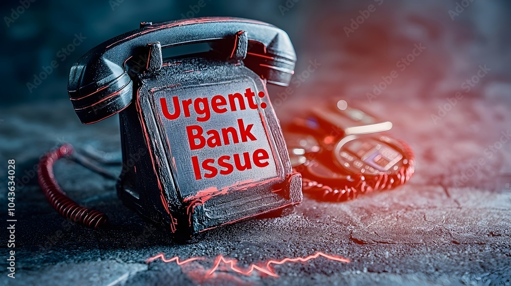 Poster Ghostly and eerie phone call icon with bold red text warning of an urgent bank issue  This mysterious and unsettling digital graphic symbolizes a crisis or threat in the financial or banking sector